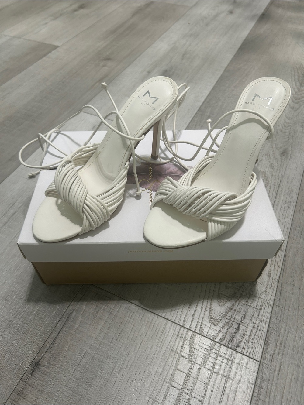 Marc Fisher Cream Woven Lace-Up Heeled Sandals